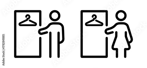 Mens and womens changing rooms line icon set with simple outline symbols. Vector illustration for public facilities, locker rooms.