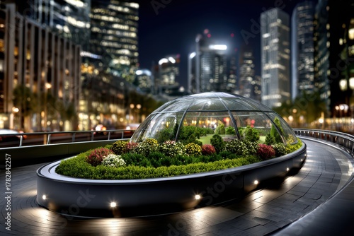 Futuristic urban greenhouse dome with lush plants and city skyscrapers at night.
