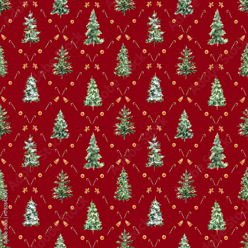 Watercolor seamless Christmas pattern with fir trees, gingerbread cookies, candy canes, and dried oranges. Perfect for holiday wrapping paper, textiles, wallpapers, and festive winter decor.