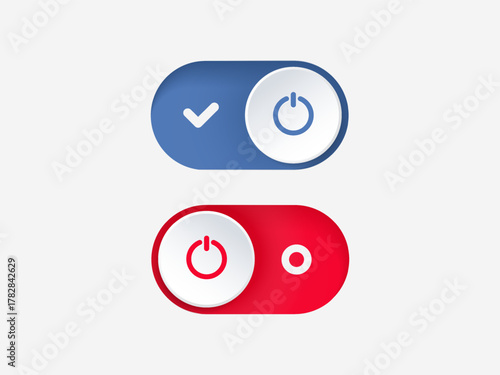 3d On and Off toggle switch icons. Switch toggle buttons ON OFF. Material design switch buttons set. Open and close ui icons. Active and Inactive icon. Stock Vector.