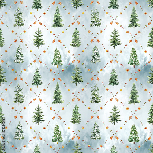 Watercolor seamless Christmas pattern with fir trees, gingerbread cookies, candy canes, and dried oranges. Perfect for holiday wrapping paper, textiles, wallpapers, and festive winter decor.