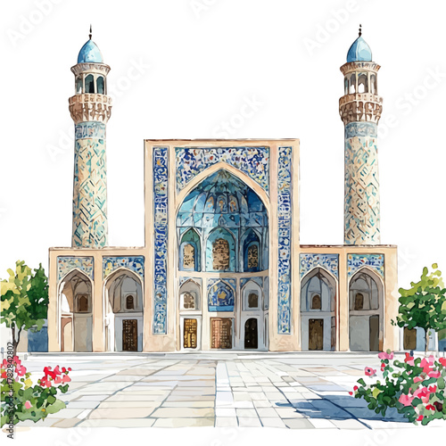 Shiraz Nasir Al-Mulk Mosque, watercolor drawing vector, isolated on a white background.
