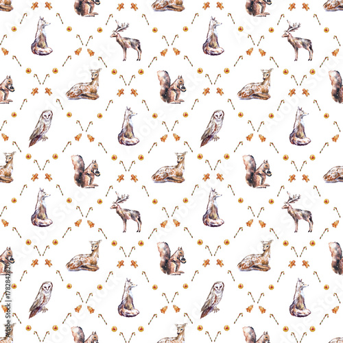 Watercolor Christmas seamless pattern with winter forest animals and festive treats. Features deer, fox, owl, squirrel, gingerbread cookies, dried oranges, and candy canes. 