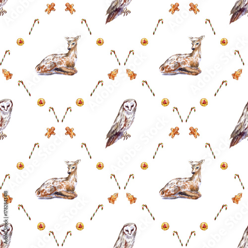 Watercolor Christmas seamless pattern with winter forest animals and festive treats. Features deer, fox, owl, squirrel, gingerbread cookies, dried oranges, and candy canes. 