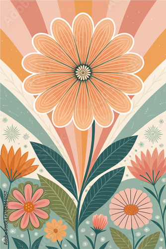 Retro 70s floral power blooms with vibrant energy, a groovy daisy field, sunshine vibes, and vintage charm for designs needing flower power & peaceful warmth