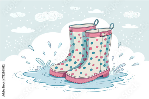 Playful polka dot rain boots splashing in a puddle, perfect for springtime fun and carefree childhood adventures, originally designed as scalable vector art