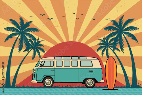 Retro beach vibes with vintage van, surfboard, and swaying palms under a radiant sunset, perfect for summer travel and carefree lifestyle designs