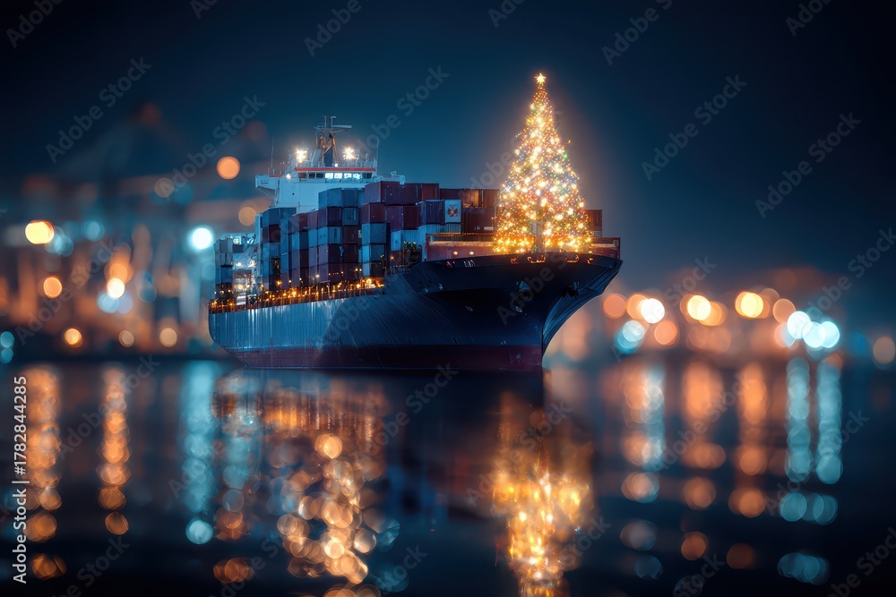 Fototapeta premium Container ship decorated for New Year celebration