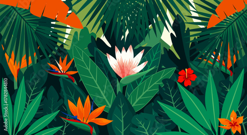 Vibrant tropical foliage and exotic flowers creating a lush, verdant jungle scene, teeming with life and natural beauty