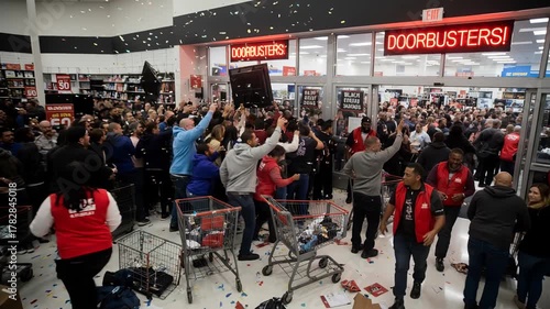 Frenzied mob of consumers storms an electronics store for doorbuster deals. Chaotic scene of consumerism during a major holiday sales event. Wide shot with slight panning and tilting.