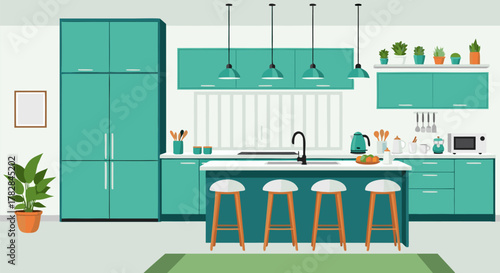 Modern Kitchen Interior Design with Turquoise Cabinets, Island, and Green Accents Interior Design