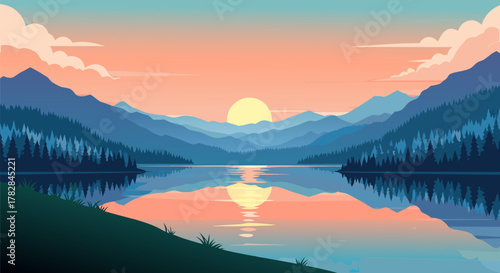 Serene Sunset Landscape Over Tranquil Lake A Calm Scene with Mountains and Reflections at Dusk