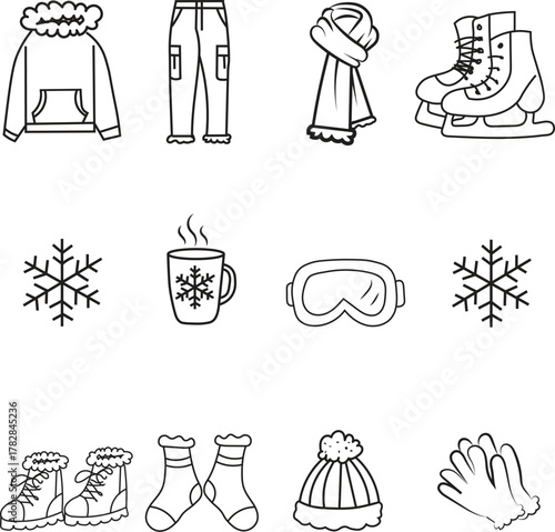 Winter item and clothing essential elements set line art vector.