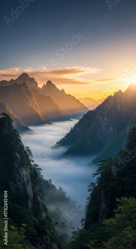 Serene Mountain Landscape at Dawn with Misty Valleys and Golden Sunlight, Vertical Wallpaper