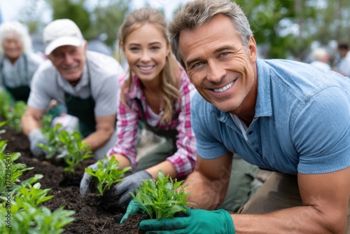 Wallpaper Mural Community members engage in planting flowers in a local garden during a sunny afternoon event Torontodigital.ca