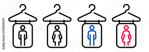 Set of male and female changing room icons with simple hanger outlines. Minimal line style vector symbols representing wardrobe or cloakroom facilities.