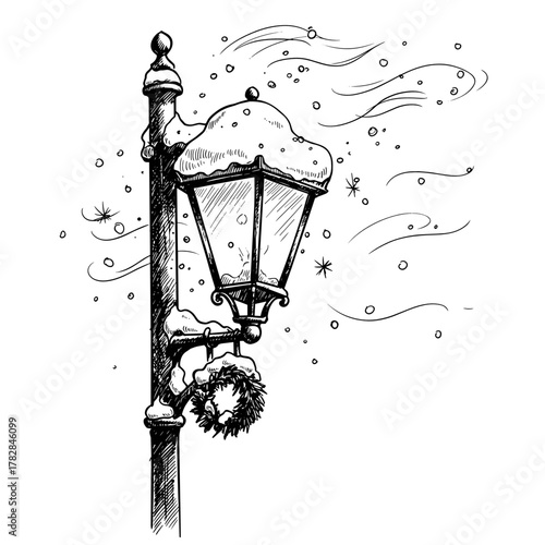 Hand-drawn street lantern with wind blowing snow, a vector for Christmas card design