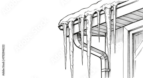 Hand-drawn sketch of icicles on house gutter for winter safety article or seasonal design concept