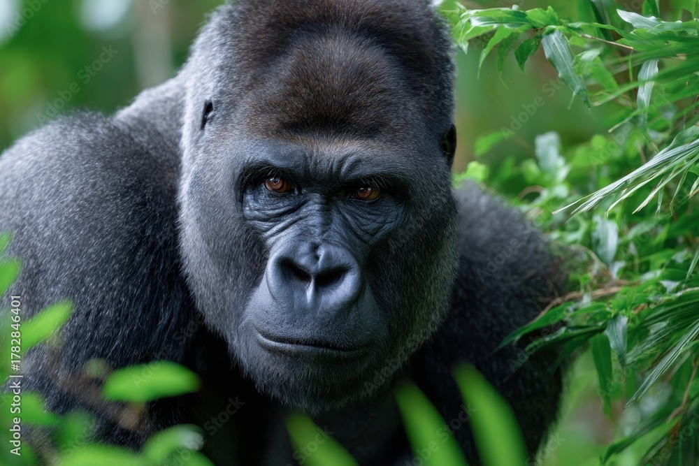 Fototapeta premium Majestic gorilla gazes through lush green foliage in a forest habitat