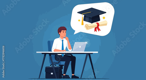 Man contemplating higher education and career advancement while working at his desk