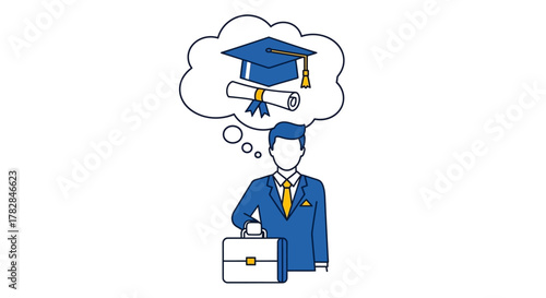 Illustration of a businessman thinking about his graduation and career goals, representing aspirations and professional development
