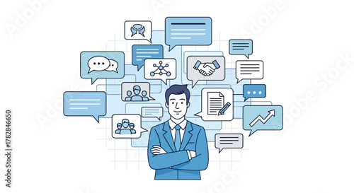 Business communication and networking concepts illustrated with a man surrounded by speech bubbles and connection diagrams