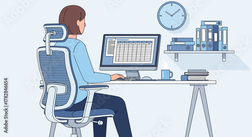 A person working on a computer at a desk with office supplies and a clock on the wall