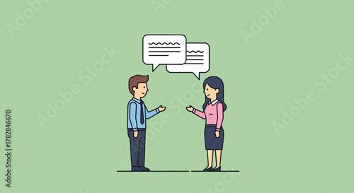 Illustration of two people having a conversation with speech bubbles above their heads