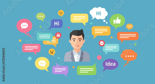 Communication and ideas exchange, man surrounded by speech bubbles and icons