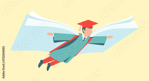 Flying through knowledge a graduate soars with an open book, representing education and intellectual freedom