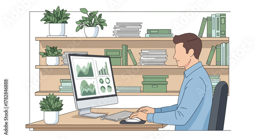 Man working on computer analyzing data with charts and graphs on screen, surrounded by office supplies and plants on shelves