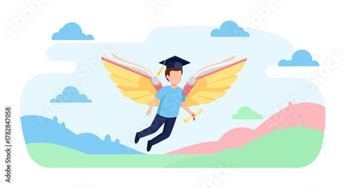 Illustration of a student soaring through the sky with wings, holding a diploma, symbolizing academic achievement and the pursuit of knowledge