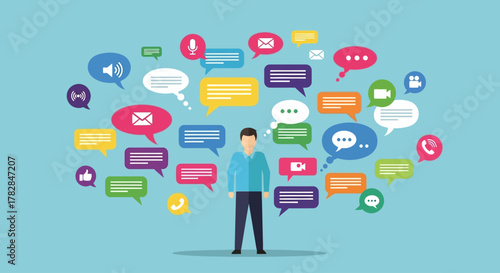 Communication concept illustration of a man surrounded by speech bubbles and icons representing different forms of communication and social media
