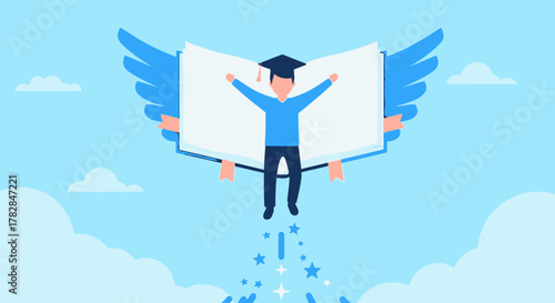 Illustration of a student in a graduation cap flying with wings made of an open book, reaching for the stars against a cloudy sky, symbolizing knowledge and aspiration