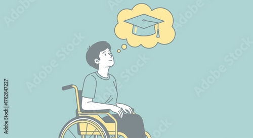 A person in a wheelchair dreams of academic achievement and future success, symbolizing aspiration and education