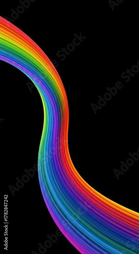 A vibrant abstract digital stream flowing with curling rainbow colors across a dark background, creating dynamic visual energy ,design ,futuristic ,twist