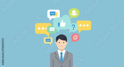 Concept of online communication and social media engagement with a man surrounded by speech bubbles and icons representing likes, messages, and questions