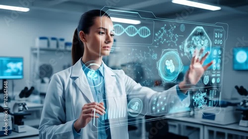 Scientist using futuristic interface, molecular research in a modern laboratory