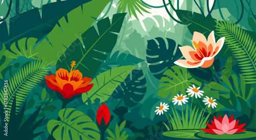 Vibrant Floral Paradise A Lush Illustration of Tropical Blooms and Foliage in a Jungle Setting