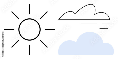 Simple sun with radiating lines, outlined cloud, and shaded cloud. Ideal for weather, climate, nature, simplicity, meteorology forecasts outdoor activities. Modern linear design simple flat