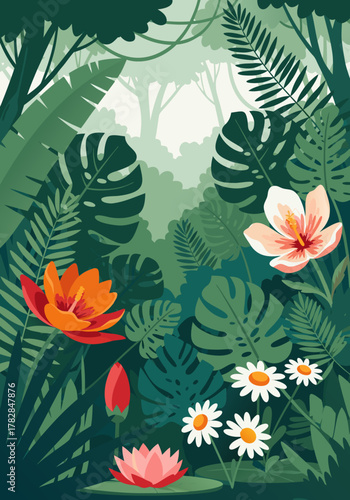 Lush tropical jungle landscape with vibrant exotic flowers like hibiscus and lotus, a beautiful vector illustration for nature backgrounds
