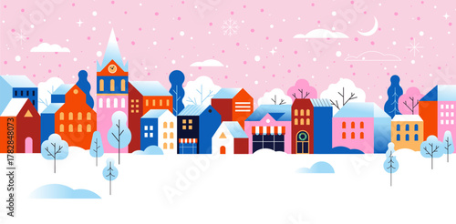 Winter town colorful geometric Christmas background.