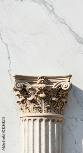 Ancient decorative architectural fragment set against a pure white marble texture, evoking classical history and aesthetic purity, clean, stone, antiquity