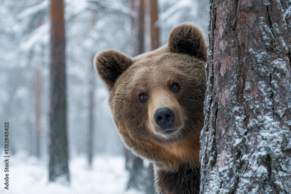 Obraz premium Brown Bear Peeking From Behind a Tree in a Snowy Forest During Winter
