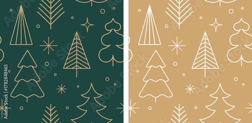 Seamless winter background pattern with linear Christmas trees and snowflakes.