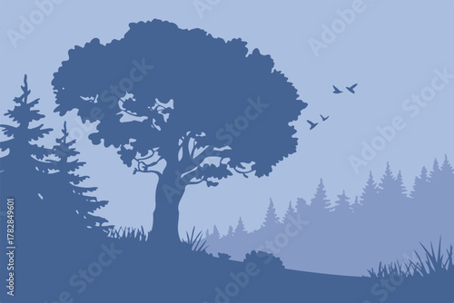tree on slope forest silhouette landscape with birds in sky