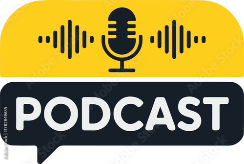 podcast logo speech bubble with microphone and symmetrical waveform for show id