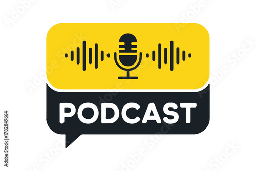 podcast vector badge with microphone, waveform and speech bubble for media use