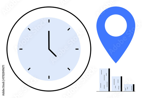 Clock emphasizes time, blue location marker highlights place, and bar graph denotes progress or data analysis. Ideal for scheduling, planning, navigation, tracking, milestones, growth simple flat