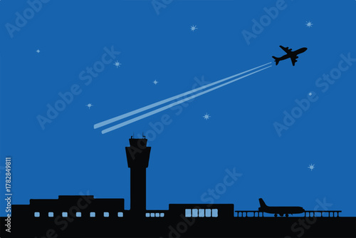 airport airplane runway terminal controltower night apron jet on tarmac and plane flying over starry sky